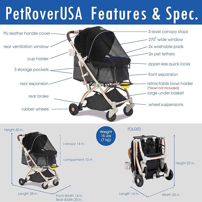 Lite Premium Light-Weight Dog/Cat/Pet Stroller Travel Carriage with Convertible Compartment/Zipper-Less Entry/1-Hand Quick Fold/Aluminum Frame for Small &amp; Medium Pets (Black 2nd-Gen.)