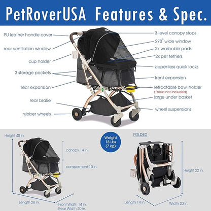 Lite Premium Light-Weight Dog/Cat/Pet Stroller Travel Carriage with Convertible Compartment/Zipper-Less Entry/1-Hand Quick Fold/Aluminum Frame for Small &amp; Medium Pets (Black 2nd-Gen.)