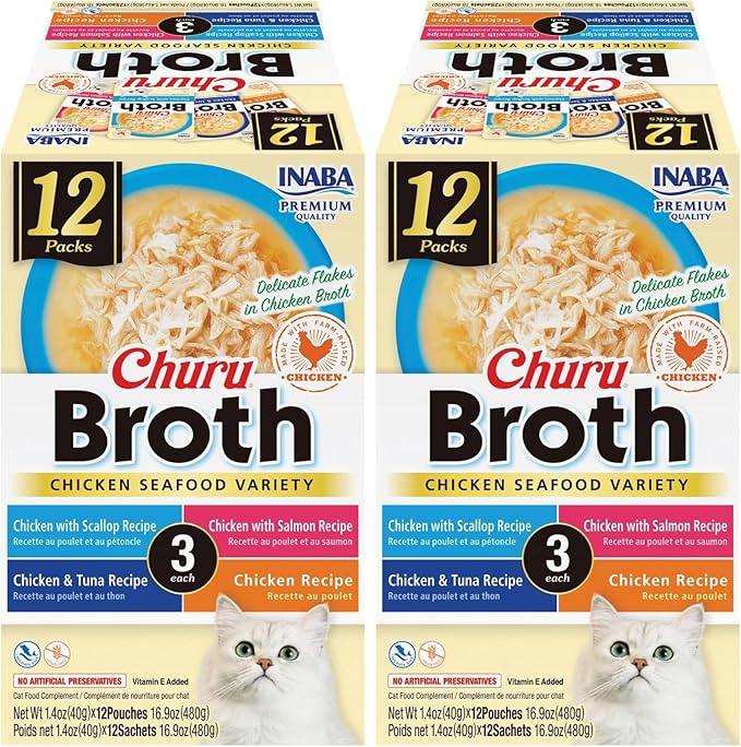 INABA Churu Broth for Cats, Creamy Broth with Shredded Chicken Side Dish Pouch, 1.4 Ounces per Pouch, 12 Pouches, Chicken &amp; Seafood Variety (Pack of 2)