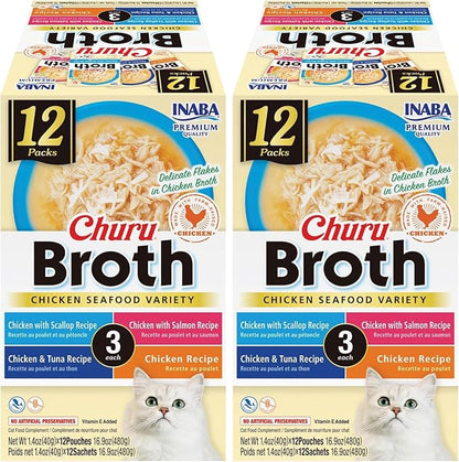 INABA Churu Broth for Cats, Creamy Broth with Shredded Chicken Side Dish Pouch, 1.4 Ounces per Pouch, 12 Pouches, Chicken &amp; Seafood Variety (Pack of 2)