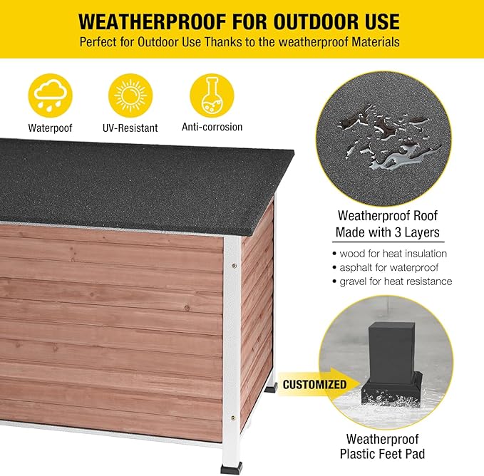 Dog House Outdoor &amp; Indoor Wooden Dog Kennel for Winter with Raised Feet Weatherproof for Small &amp; Medium &amp; Large Dogs,Unique All-Around Iron Frame，Light Brown