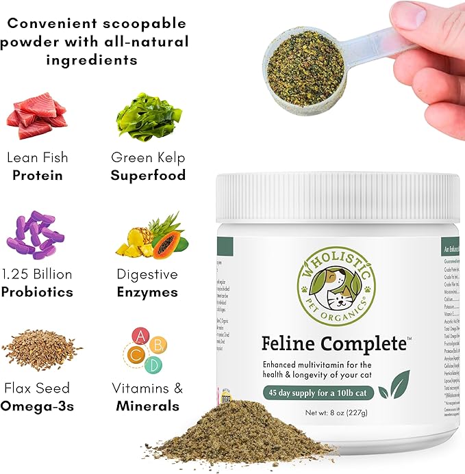 Wholistic Pet Organics Feline Complete - 8 Oz - Multivitamin &amp; Probiotic Powder for Cats - Natural Cat Food &amp; Digestive Support