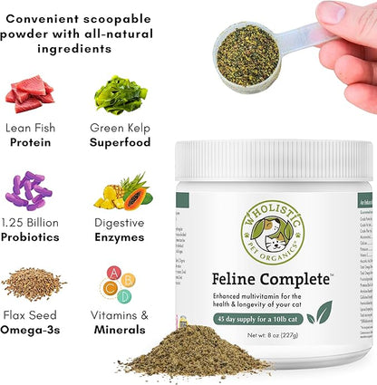 Wholistic Pet Organics Feline Complete - 8 Oz - Multivitamin &amp; Probiotic Powder for Cats - Natural Cat Food &amp; Digestive Support