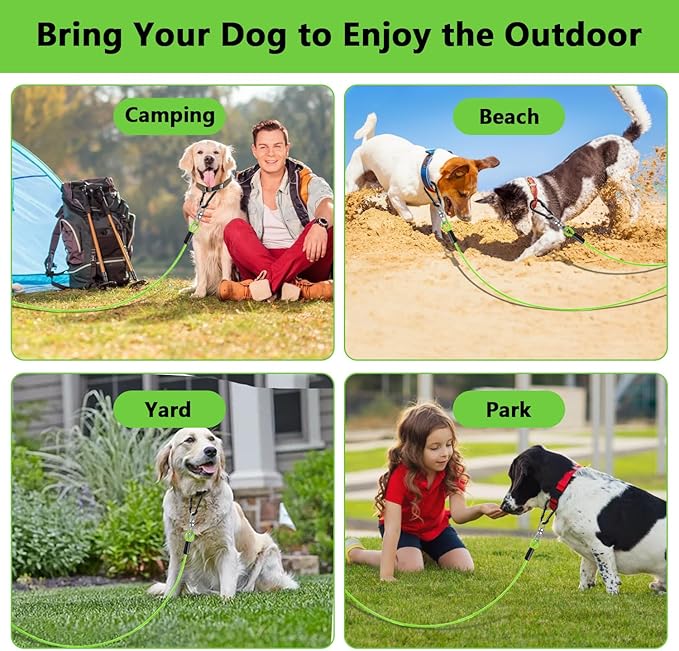 Dog Tie Out Cable 15FT-500Lbs,Heavy Duty Dog Leads&amp;Tether for Yard with Swivel Hook,Small Large Dogs Leash Line for Outside,Rust Chew Proof Dogs Run Cable for Outdoor Camping (Green, 15FT)