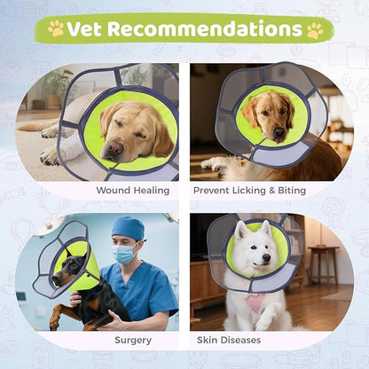 Soft Dog Cone Collar After Surgery Recovery,Adjustable E-Collar with Removable Shield,Lightweight,Breathable Anti-Licking Protective Cone for Large,Medium,Small Pets (Neon Green, L (Neck:15.5&