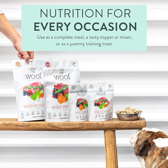 Woof Freeze Dried Dog Food - Wild Venison, High Protein, Dog Food Topper &amp; Dog Treats, All Life Stages, 1.76 oz