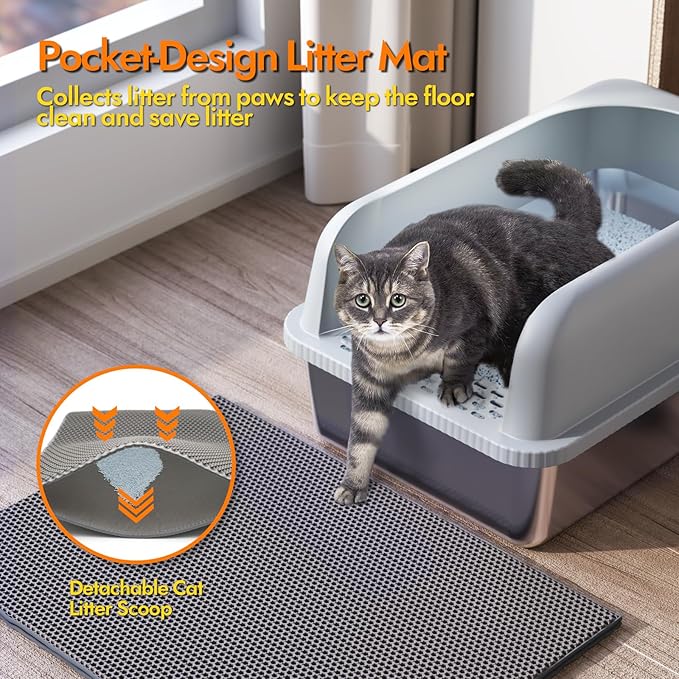 Stainless Steel Cat Litter Box with Lid, 24" L x 16" W x 11.8" H, Large Cat Litter Box for Multiple Cats with High Sided, No-Leak &amp; Stick, Easy to Clean, Includes Litter Mat &amp; Multi Functional Scoop