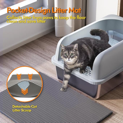Stainless Steel Cat Litter Box with Lid, 24" L x 16" W x 11.8" H, Large Cat Litter Box for Multiple Cats with High Sided, No-Leak &amp; Stick, Easy to Clean, Includes Litter Mat &amp; Multi Functional Scoop