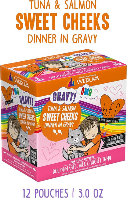 Weruva B.F.F. OMG - Best Feline Friend Oh My Gravy!, Tuna &amp; Salmon Sweet Cheeks with Tuna &amp; Salmon in Gravy Cat Food, 3oz Pouch (Pack of 12)