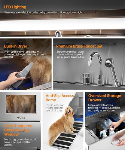polimo Dog Wash Station with Pet Dryer &amp; LED, Professional Dog Bathing Station for Large, Medium &amp; Small Dogs – with Window, Ramp, Drawer, Floor Grate, LED Display &amp; Faucet (Left RAMP &amp; Dryer, 50")