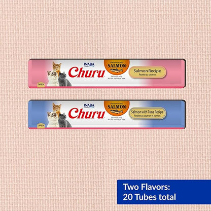 INABA Salmon Churu Cat Treats, Lickable, Squeezable Creamy Purée Cat Treat with Green Tea Extract &amp; Taurine, 0.5 Ounces Each Tube, 20 Tubes, Salmon &amp; Tuna Variety Box
