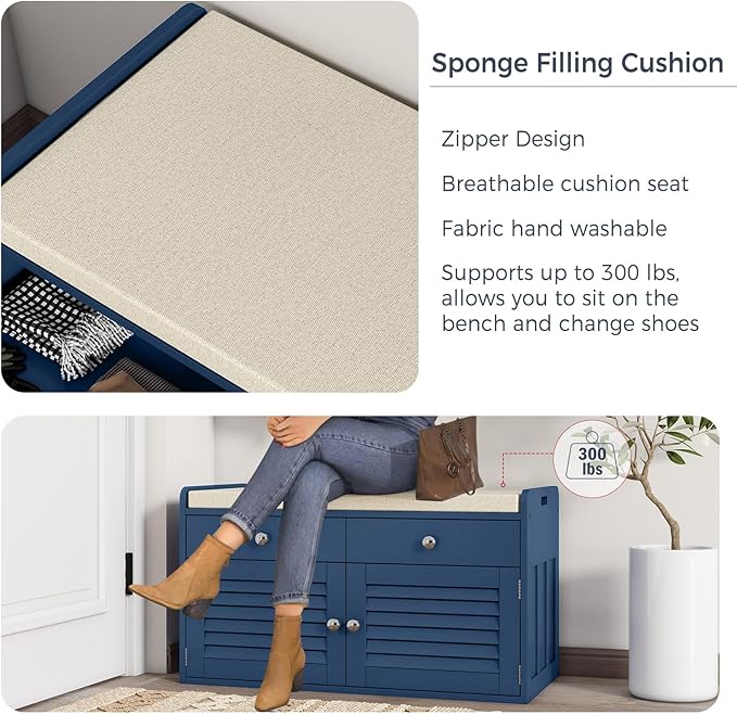 Shoe Storage Bench with 2 Drawers &amp; 2 Doors, Entryway Bench with Cushion, 2 Adjustable Shelves, Shoe Cabinet for Entryway, Living Room, Hallway, Mudroom, Bedroom, Blue