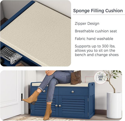 Shoe Storage Bench with 2 Drawers &amp; 2 Doors, Entryway Bench with Cushion, 2 Adjustable Shelves, Shoe Cabinet for Entryway, Living Room, Hallway, Mudroom, Bedroom, Blue