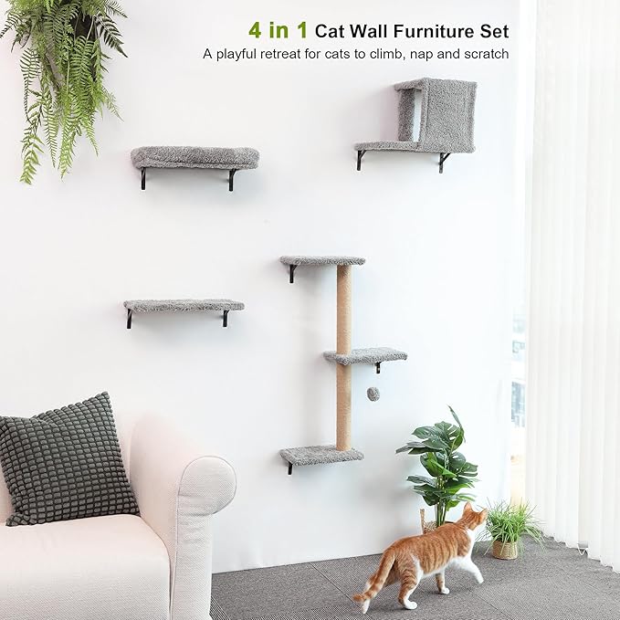 FUKUMARU Cat Wall Shelves, Stable &amp; Safe 4 in 1 Cat Furniture Set, Wooden Climbing Wall with Scratching Post for 16 Inch Drywall - Light Gray