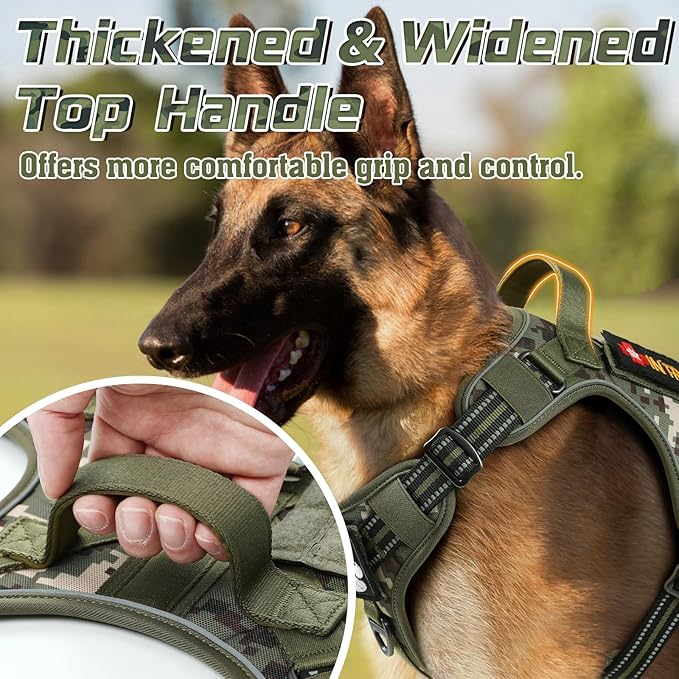 rabbitgoo Tactical Dog Harness for Large Dogs, No Pull Military Service Vest with Handle &amp; Molle, Easy Control for Training Walking, Adjustable Reflective Straps, Green camo, L