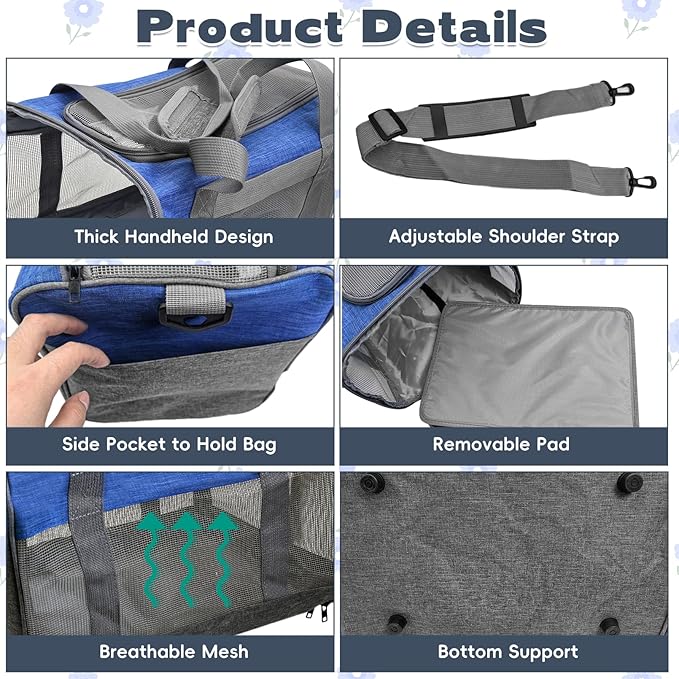 PINVNBY Bunny Carrier for Travel Camping Outdoor, Small Pet Carrier, Guinea Pig Carrier, Breathable Pet Portable Hand Bag for Hamster Bunny Guinea Pig (Blue &amp; Gray)