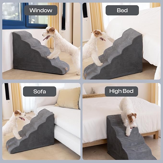 Dog Stairs for High Beds Up to 30", Extra-Tall 24.5" 5-Step Foam Pet Ramp with Washable Cover, Gentle Slope Steps, Bed &amp; Couch Ladder for Small Medium Dogs &amp; Senior Cat, Puppy Climbing Stairs