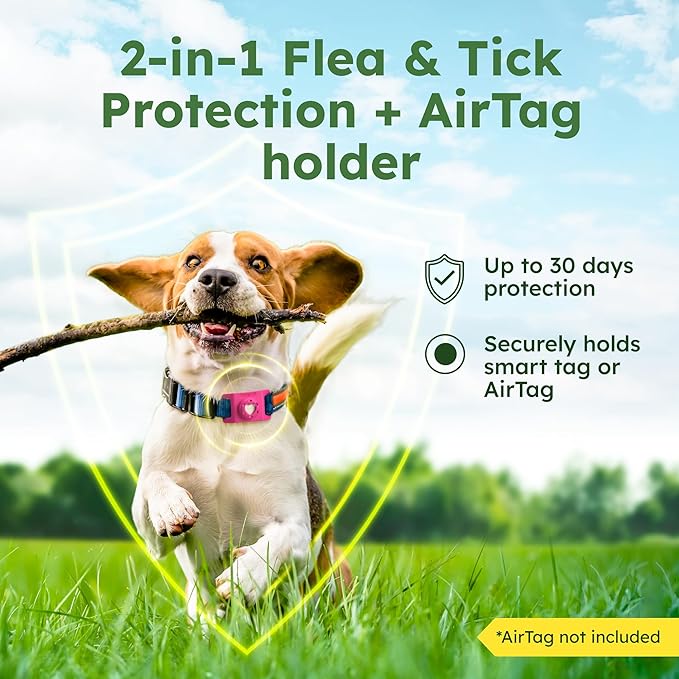 BugMD Paw Guardian Flea and Tick Prevention Pendant for Dogs with AirTag Holder | Plant-Powered Flea &amp; Tick Control for Dog Collars Harnesses | Dog Tag with Air Tag Holder - Pink
