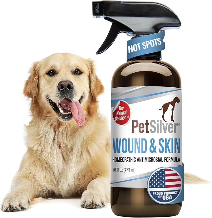 PetSilver Wound &amp; Skin Spray - Dog Wound Spray, Hot Spot, Allergy Relief for Dogs, Itch Spray for Cats - Natural Skin Soother - Chelated Silver, Superior to Colloidal Silver - Made in USA - 16 fl oz