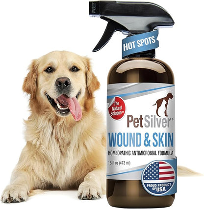 PetSilver Wound &amp; Skin Spray - Dog Wound Spray, Hot Spot, Allergy Relief for Dogs, Itch Spray for Cats - Natural Skin Soother - Chelated Silver, Superior to Colloidal Silver - Made in USA - 16 fl oz