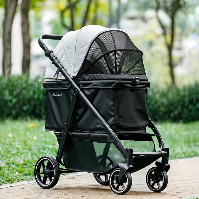 Medium Dog Stroller, Foldable Pet Stroller with Adjustable Handle &amp; No Zip Entry, Storage Basket &amp; Cup Holder, Canopy, Mesh Windows, Ideal for Medium Dogs and Cats Up to 50lbs, Black