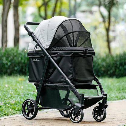 Medium Dog Stroller, Foldable Pet Stroller with Adjustable Handle &amp; No Zip Entry, Storage Basket &amp; Cup Holder, Canopy, Mesh Windows, Ideal for Medium Dogs and Cats Up to 50lbs, Black