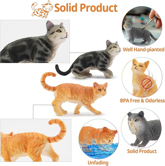 Toymany 8PCS Grey &amp; Orange Cat Figurines Set, Realistic Cat Figures Kitten Toys, Cat Cake Toppers Easter Eggs Birthday Gift for Kids Children