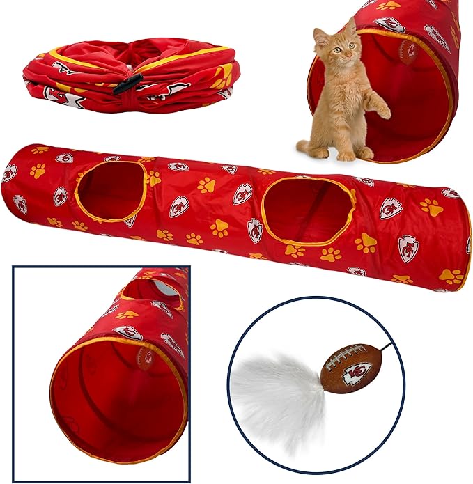 NFL Kansas City Chiefs Cat Tunnel Tube Toy with Plush Football Catnip and Feathers Collapsible Tunnel for Cats to Play, Peek and Hide, Sporty &amp; Fun Cat Tunnel Toy with Team Logo All-Over Design!
