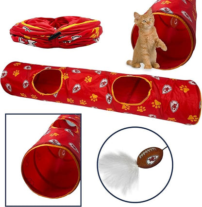 NFL Kansas City Chiefs Cat Tunnel Tube Toy with Plush Football Catnip and Feathers Collapsible Tunnel for Cats to Play, Peek and Hide, Sporty &amp; Fun Cat Tunnel Toy with Team Logo All-Over Design!