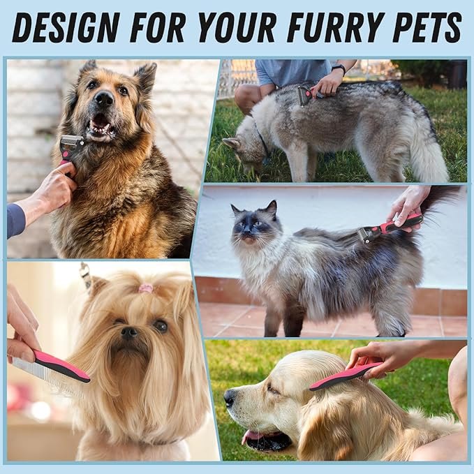 Pet Grooming Brush &amp; Comb Combo, Cat &amp; Dog Brush for Shedding &amp; Dematting, Undercoat Rake for Long-haired Pets, Pink