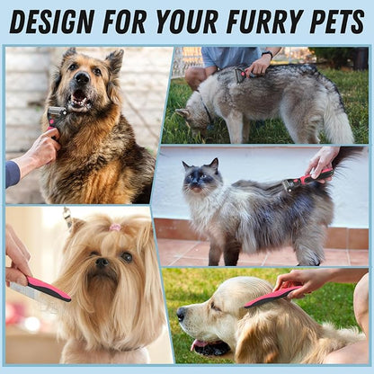 Pet Grooming Brush &amp; Comb Combo, Cat &amp; Dog Brush for Shedding &amp; Dematting, Undercoat Rake for Long-haired Pets, Pink