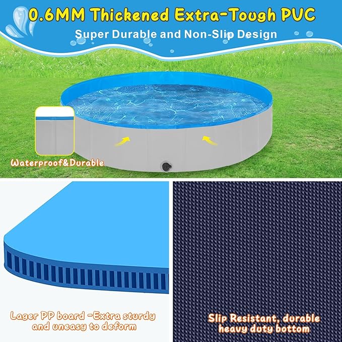 Extra Large Foldable Dog Pools for Large Dogs Heavy Duty,97"x16" Anti-Slip Portable Swimming Pool,Hard Plastic Kiddie Pool for Pets Dogs Cats &amp; Kids