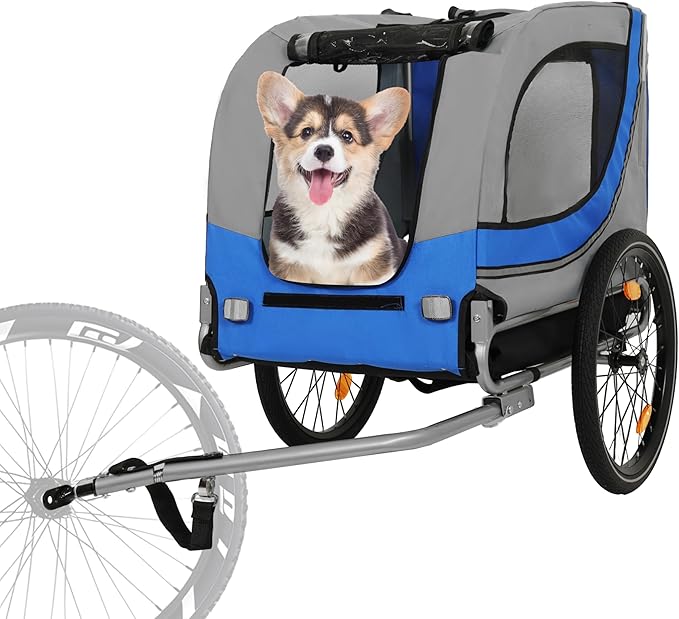 Blue-Grey Large Folding Bike Trailer for Dogs – Heavy-Duty Steel Frame, 66LB Capacity Pet Carrier for All-Terrain Cycling, Jogging &amp; Camping Adventures!