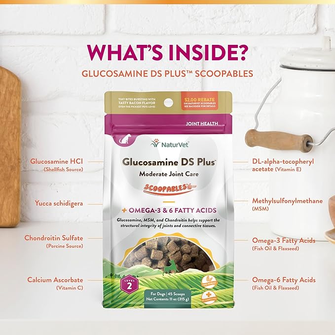 NaturVet Scoopables Dog Joint Supplement - Glucosamine DS Plus Level 2 Moderate Hip &amp; Joint Care for Dogs w/Chondroitin &amp; MSM - Hickory Smoked Bacon Flavored Pet Health Supplements | 11oz Bag