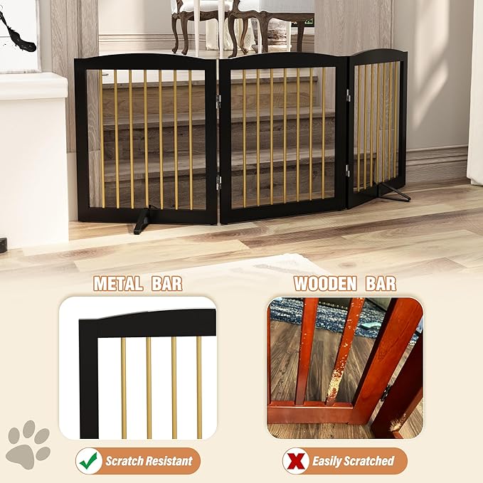 Freestanding Pet Gate for Dogs, Foldable Wooden Dog Gate for House, Indoor Dog Gate for Doorways, Stairs, Step Over Pet Puppy Safety Fence, Support Feet Included,24" Height 3 Panels,Black&amp;Gold