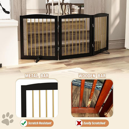 Freestanding Pet Gate for Dogs, Foldable Wooden Dog Gate for House, Indoor Dog Gate for Doorways, Stairs, Step Over Pet Puppy Safety Fence, Support Feet Included,24" Height 3 Panels,Black&amp;Gold