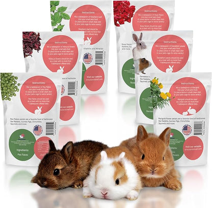Snout and Shell Small Pet Mega Pack – 6 Natural Treats: Pea Flakes, Dandelion, Raspberry Leaf, Marigold, Rose Petals &amp; Hibiscus – For Rabbits, Guinea Pigs, Chinchillas &amp; More – Foraging &amp; Health Boost