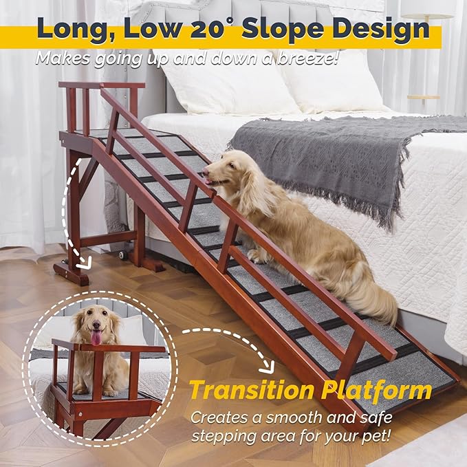 Dog Ramp for Bed or Couch, Wooden Pet Ramp with 20° Gentle Slope, Removable Side Rails, Non-Slip Surface, Top Platform &amp; Wheels, Safe Bed Ramp for Small, Medium &amp; Senior Dogs, 74" Long, Mahogany