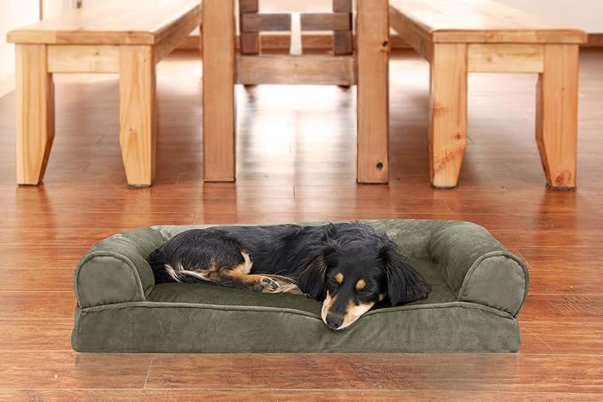 Furhaven Pillow Dog Bed for Medium/Small Dogs w/ Removable Bolsters &amp; Washable Cover - Faux Fur &amp; Velvet Sofa - Dark Sage, Medium