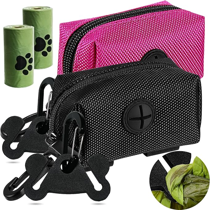 2Packs Dog Poop Bag Holder for Leash Attachment Dog Poop Bag Dispenser Dog Waste Bag Dispensers Dog Poop Bag Holders Fit Dog Leash Accessory With Hand Free Holder Carriers, Pink &amp; Black
