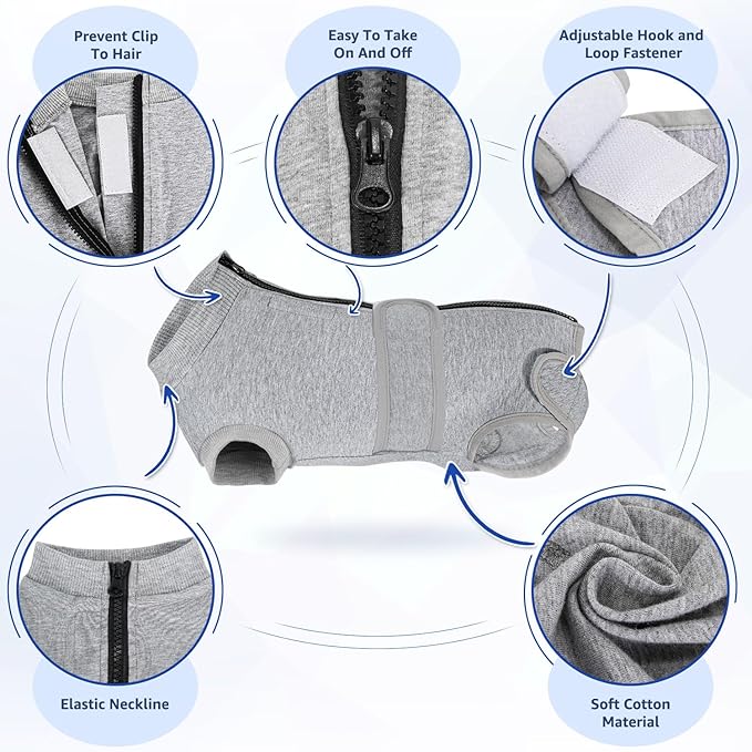 Lukovee Recovery Suit for Dogs - Zipper On Onesie for Female &amp; Male Dogs, Abdominal Wounds Cone E-Collar Alternative, Prevent Licking - Spay Recovery Suit (Grey, XL)