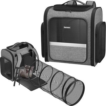 Pawtners Cat Carrier Backpacks Expandable Cat Backpack with Breathable Mesh, Pet Carrier Backpack for Cats Small Dogs Puppies Up to 18 Lbs, Dog Carrier Backpack for Travel Hiking Camping Outdoor