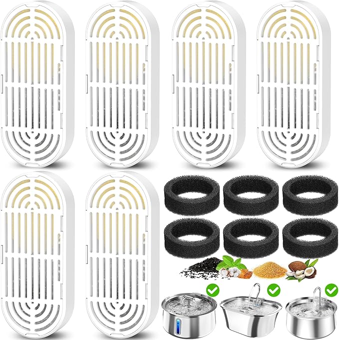 Cat Water Fountain Filters for 108/3.2L&amp; 4L/134oz Stainless Steel Pet Water Dispenser Fountain Filters (6 Filters&amp; 6Sponges) (6 Filters&amp; 6 Sponges)