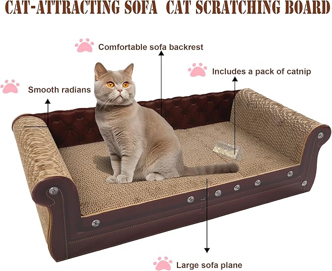 Scratching Sofa, Couch Shaped Thick Scratching Cardboard, Lounge Bed for Indoor Rest&amp;Play, Sofa Scratcher Pad (Brown, 27.6" L X 12.2" W X 7.4" H)