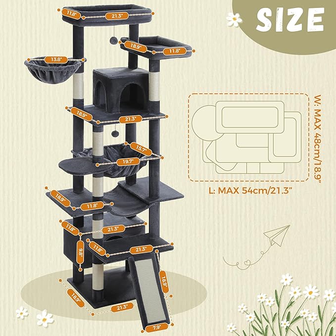 81 Inch Tall Cat Tree for Big Cats &amp; Multi-Cat Homes, Large Heavy Duty Cat Tower with Metal Frame Hammock, 6 Scratching Posts, 2 Condos, 2 Perches, Scratching Pad - Dark Grey