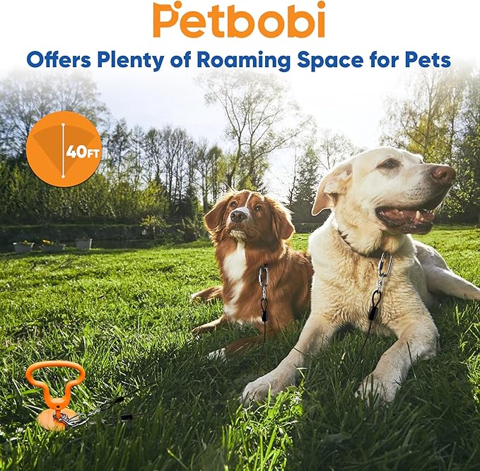 Petbobi Heavy Duty Dog Tie Out Cable and Stake - 40FT Steel Wire Dog Leads for Large Dogs Up to 300lbs, Anti Rust Spiral Stake with Strong Leash &amp; 360° Swivel Hooks - Ideal for Yard, Outdoor &amp; Camping