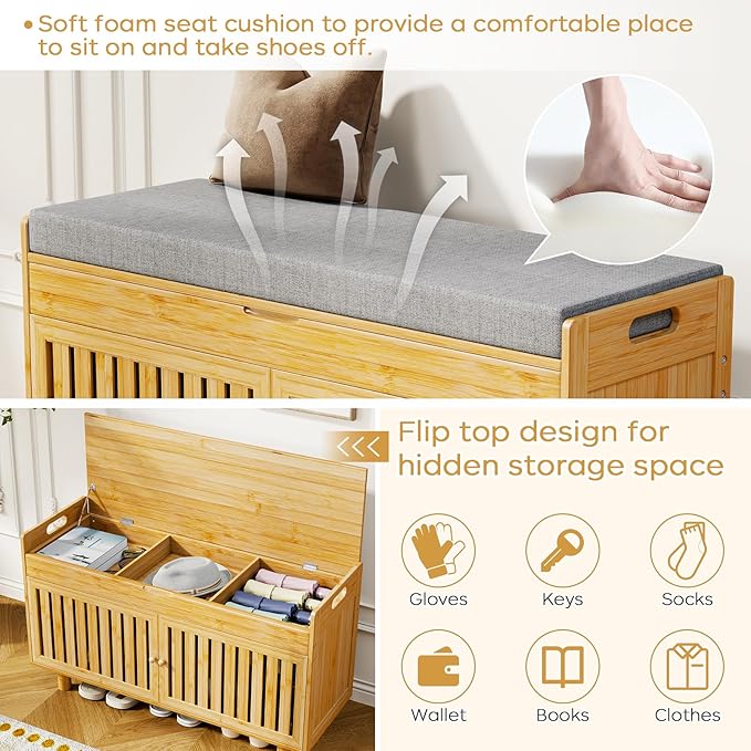 Shoe Storage Bench, Bamboo Entryway Bench with 2 Doors &amp; Padded Seat Cushion, 35.4" W x 12.6" D x 19.7" H, 2-Tier Shoe Rack with Lift Top Hidden Storage, for Entryway, Living Room, Bedroom, Natural