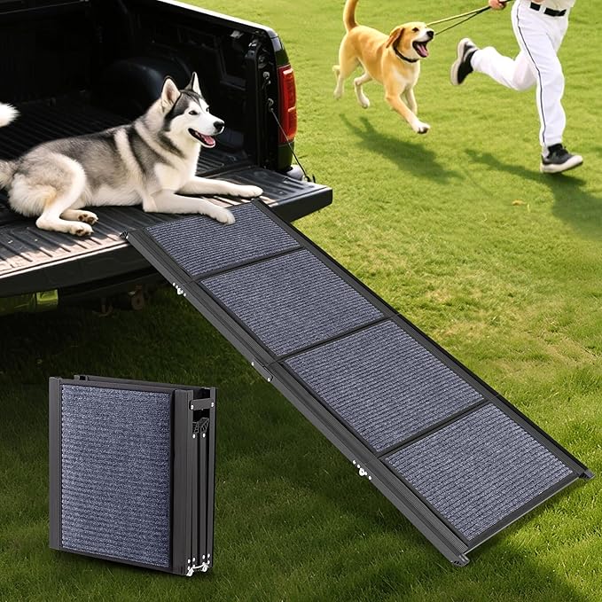AQUILLA Dog Ramp for Car, 63" Folding Portable Dog Ramp with Non-Slip Rug Surface, Extra Wide Pet Ramps for Cat &amp; Dogs Get on Bed, Cars, Stairs,Pick Up Trucks, Up to 250LBS (63" L x 17.3" W)