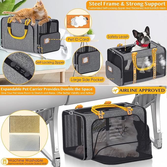 PAWZIDEA Double Pet Stroller with 2 Detachable Carriers, Portable Dog Crate for Car Travel &amp; TSA-Approved Expandable Cat Carrier, Foldable Lightweight Jogger Stroller for 2–4 Cats or Small/Medium Dogs