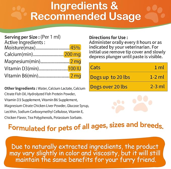 Oral Calcium for Whelping Dogs &amp; Cats, Fast-Absorbing Calcium for Dogs, Supports Whelping Labor and Milk Production, Enhances Colostrum for Puppies, Daily Calcium Supplement for Pets - 1 oz